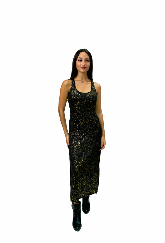 Black and Gold Slit Sleeveless Long Maxi Dress Polyester