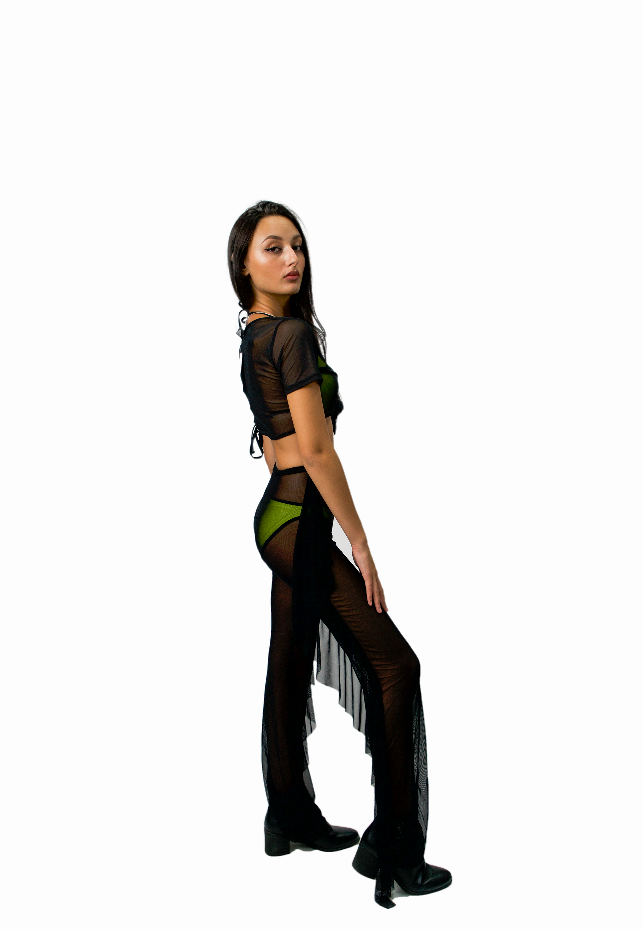 Black tie top and pants mesh swimwear coverup set Polyester