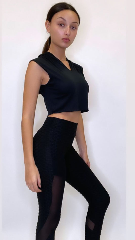 Women's Black Sleeveless Crop Top Hoodie