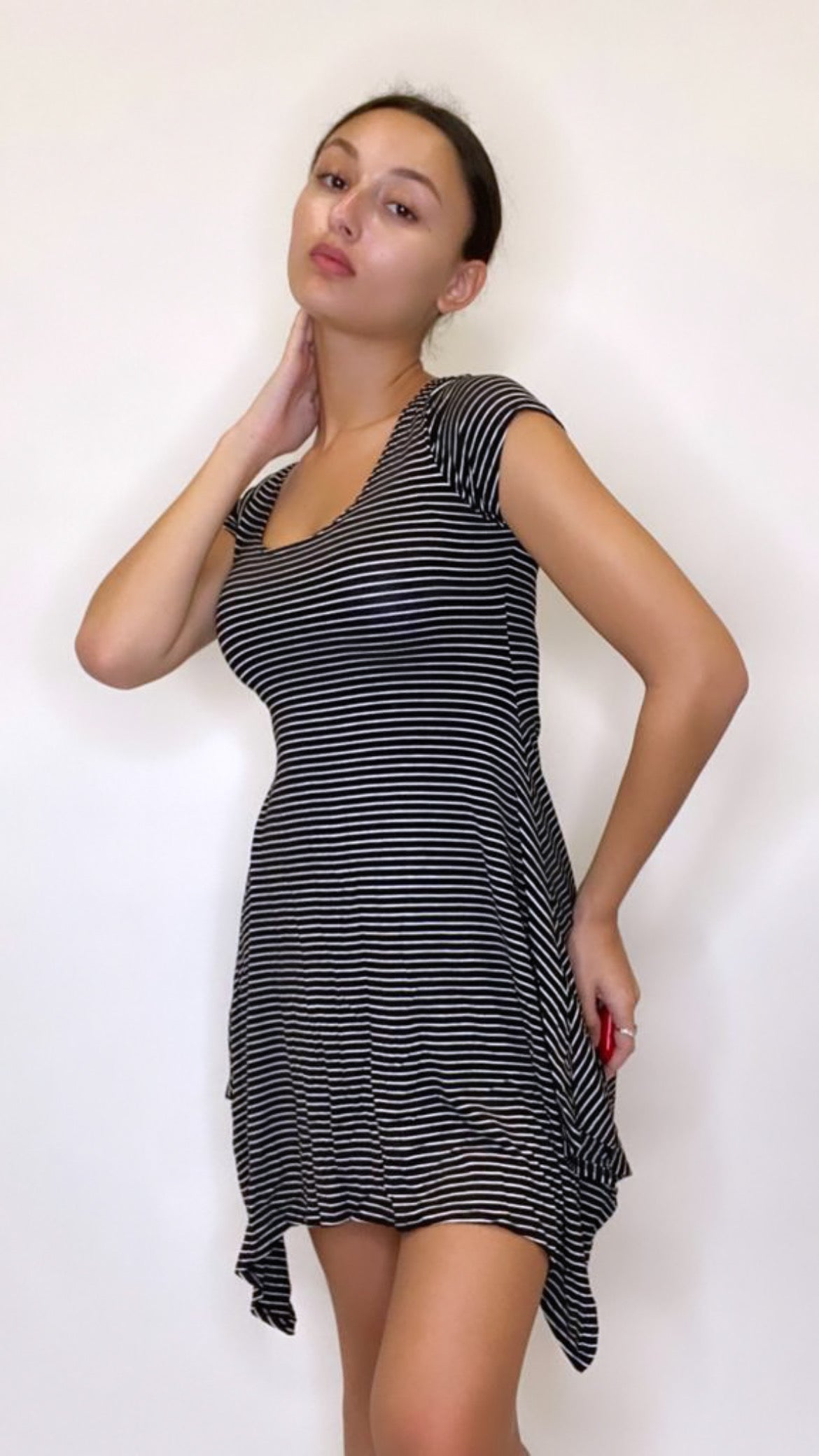 Black and White stripes handkerchief hem short sleeve dress Polyester  