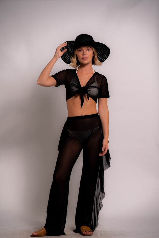 Black tie top and pants mesh swimwear coverup set Polyester