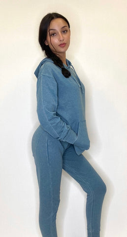 Blue Long Sleeve Hoodie kangaroo pocket And Joggers set Cotton