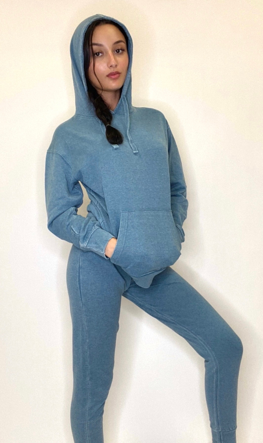 Blue Long Sleeve Hoodie kangaroo pocket And Joggers set Cotton