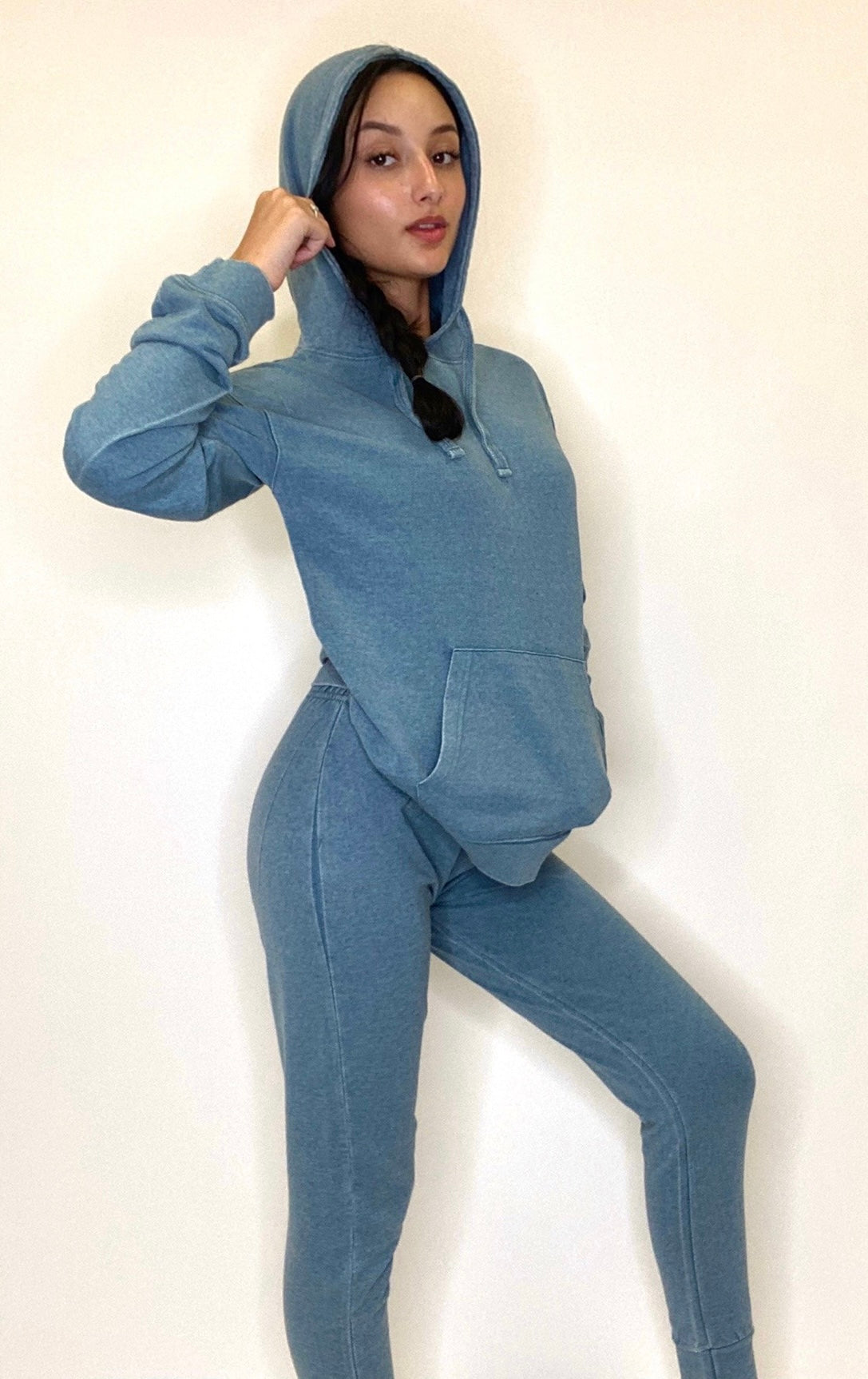 Blue Long Sleeve Hoodie kangaroo pocket And Joggers set Cotton