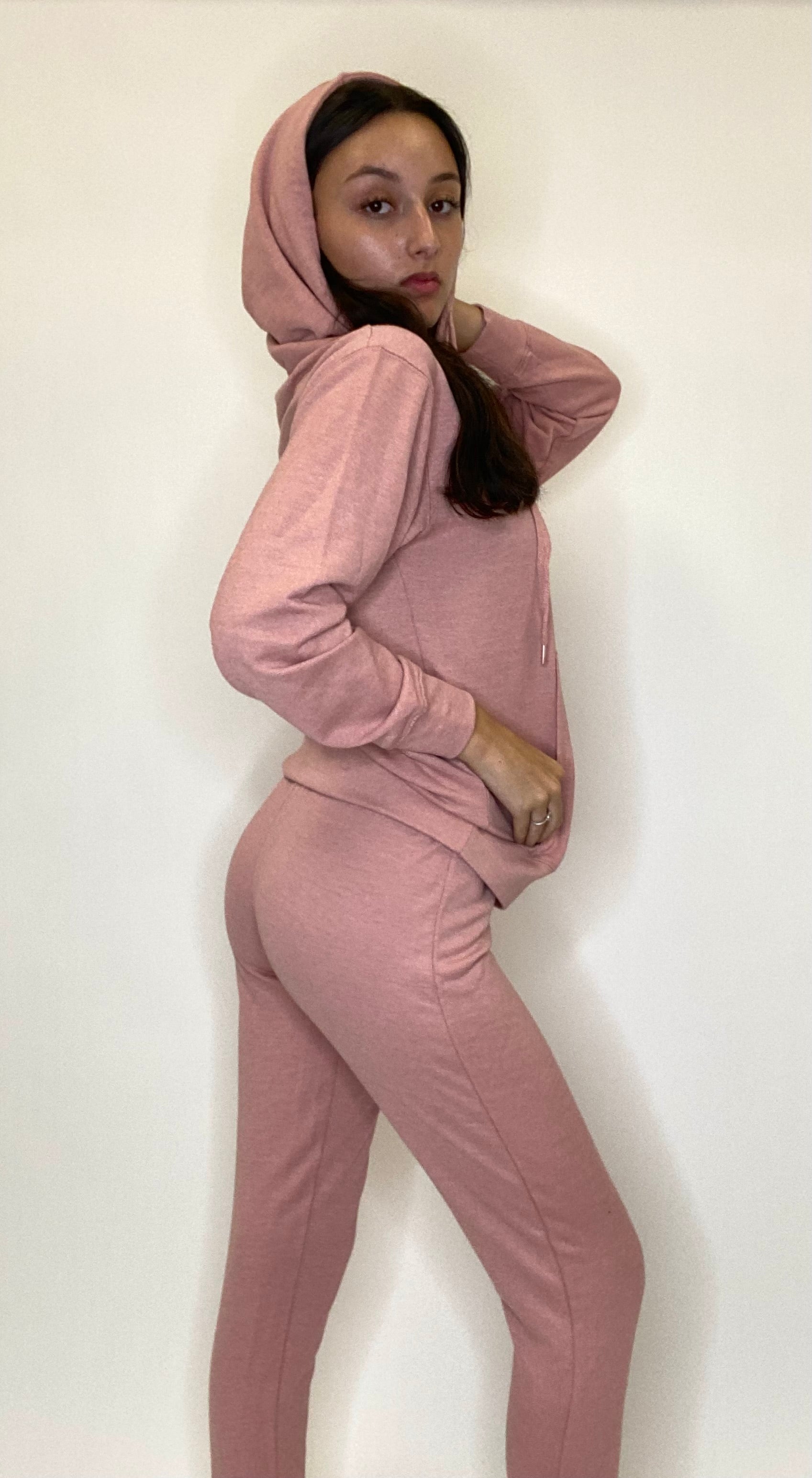 Rose Pink Long Sleeve Hoodie kangaroo pocket And Joggers set Cotton