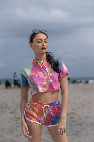 RAINBOW Hoodie Tie Dye Short Sleeve Crop Top and Shorts