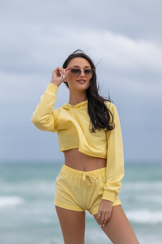 Yellow Long Sleeve Hoodie and Shorts Two Piece Set