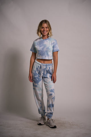 Women's Tie-Dye Two Piece Outfit Crop Top and Joggers Set Short Sleeve T Shirts