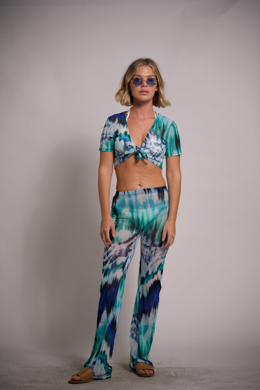 Green and Blue Tie Dye Tie-front Top short sleeve and Pants cover up Polyester