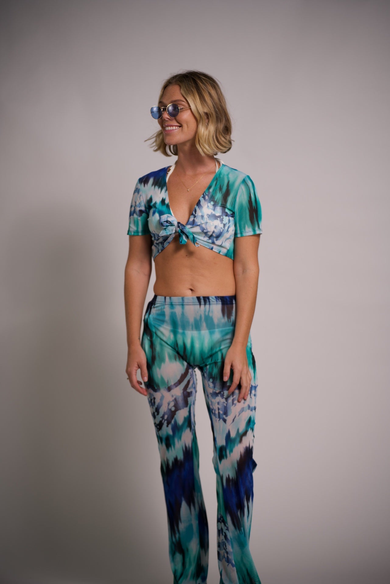 Green and Blue Tie Dye Tie-front Top short sleeve and Pants cover up Polyester