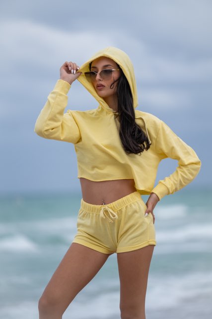 Yellow Long Sleeve Hoodie and Shorts Two Piece Set