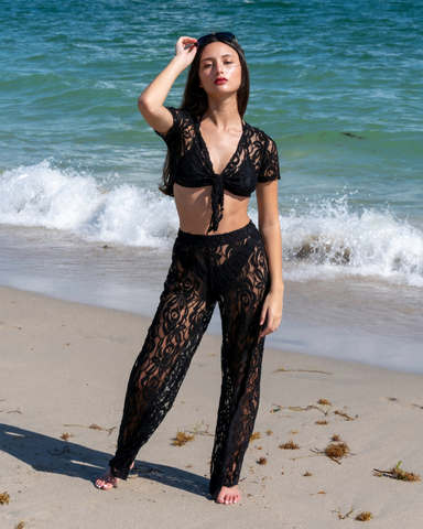 Women's Lace Two Piece set Tie Front Beach Top And Pants Swimwear Cover Up